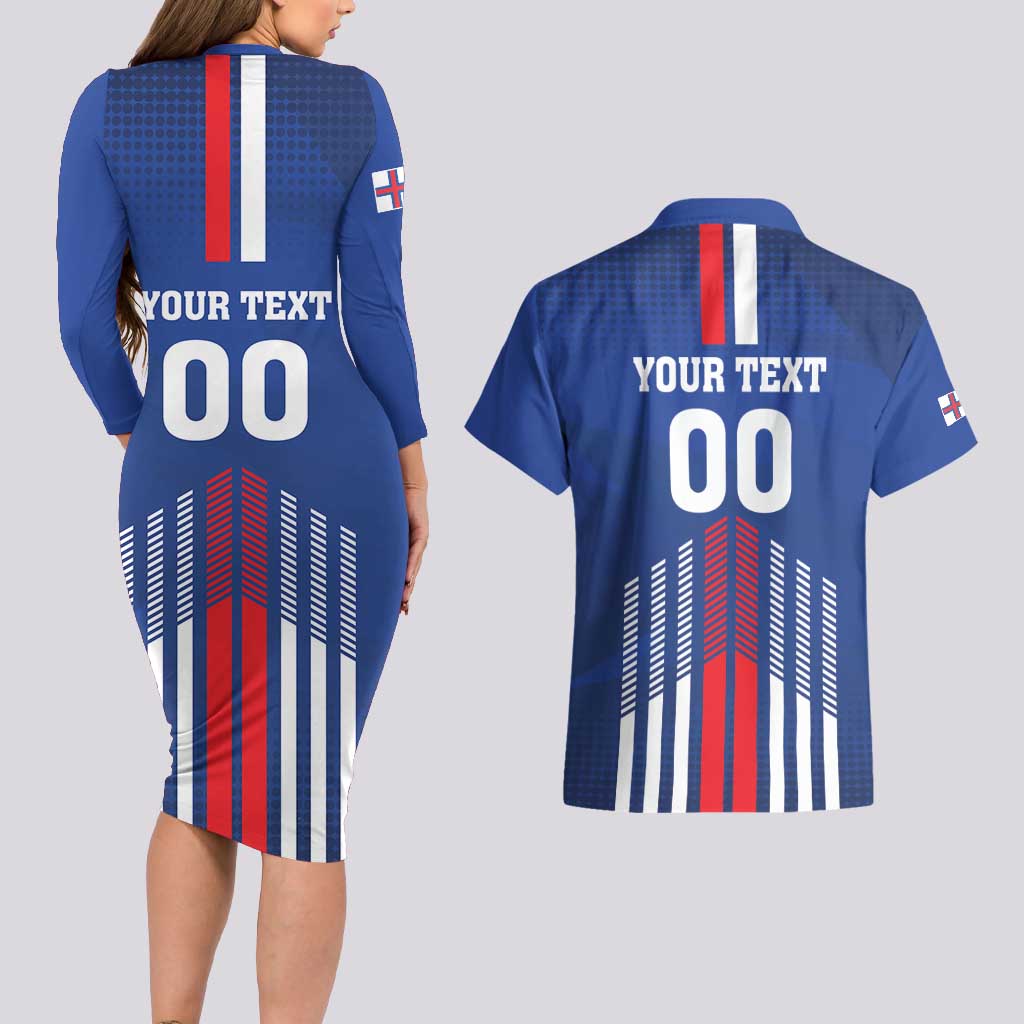 Custom Faroe Islands Football Couples Matching Long Sleeve Bodycon Dress and Hawaiian Shirt Go Champion Blue Version