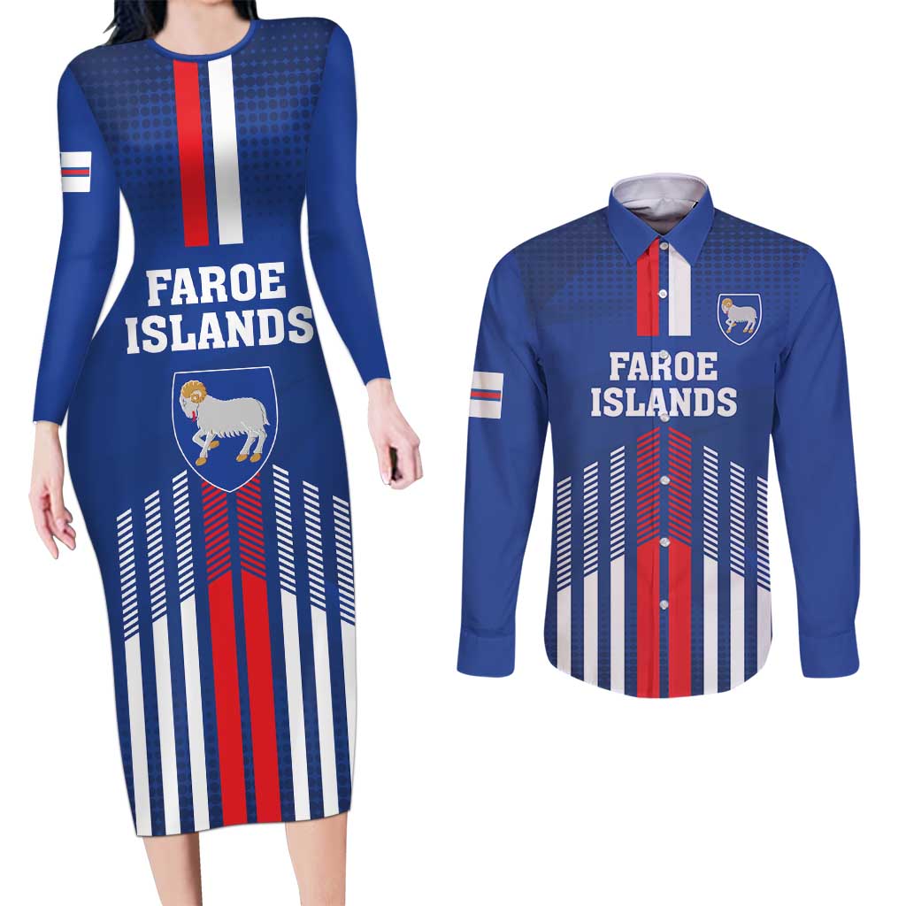 Custom Faroe Islands Football Couples Matching Long Sleeve Bodycon Dress and Long Sleeve Button Shirt Go Champion Blue Version