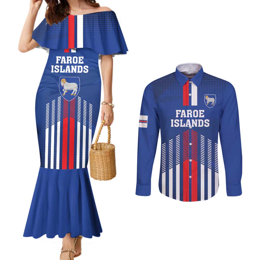 Custom Faroe Islands Football Couples Matching Mermaid Dress and Long Sleeve Button Shirt Go Champion Blue Version