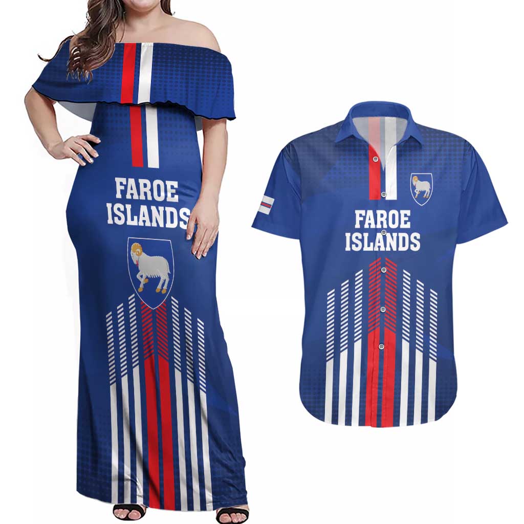 Custom Faroe Islands Football Couples Matching Off Shoulder Maxi Dress and Hawaiian Shirt Go Champion Blue Version