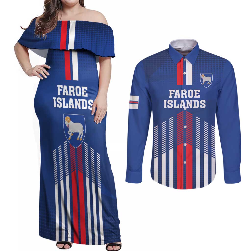 Custom Faroe Islands Football Couples Matching Off Shoulder Maxi Dress and Long Sleeve Button Shirt Go Champion Blue Version