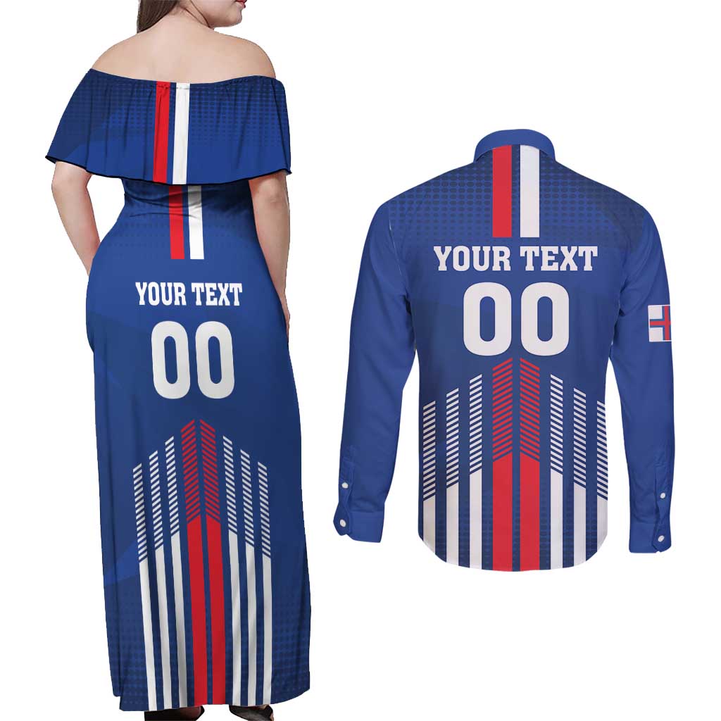 Custom Faroe Islands Football Couples Matching Off Shoulder Maxi Dress and Long Sleeve Button Shirt Go Champion Blue Version