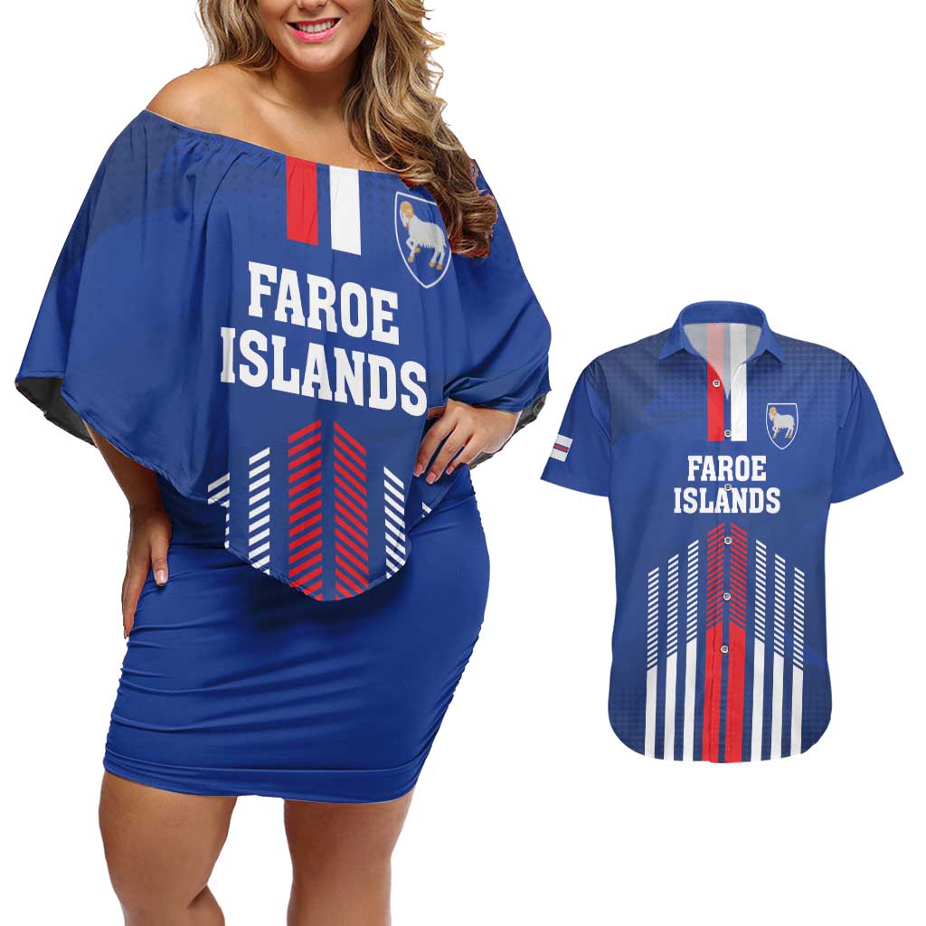 Custom Faroe Islands Football Couples Matching Off Shoulder Short Dress and Hawaiian Shirt Go Champion Blue Version