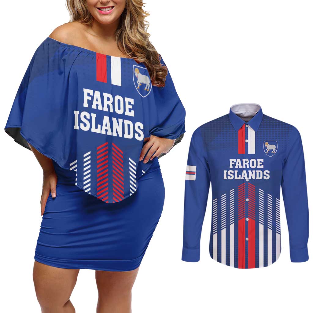 Custom Faroe Islands Football Couples Matching Off Shoulder Short Dress and Long Sleeve Button Shirt Go Champion Blue Version