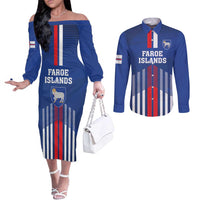 Custom Faroe Islands Football Couples Matching Off The Shoulder Long Sleeve Dress and Long Sleeve Button Shirt Go Champion Blue Version
