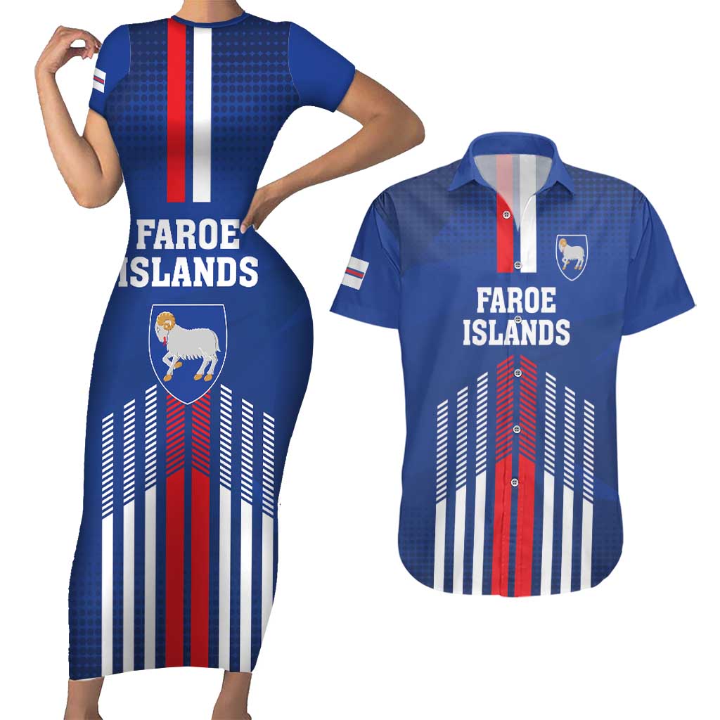 Custom Faroe Islands Football Couples Matching Short Sleeve Bodycon Dress and Hawaiian Shirt Go Champion Blue Version