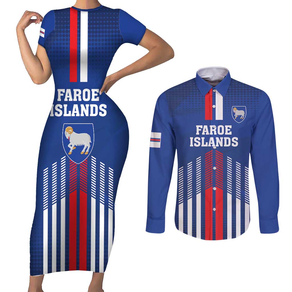 Custom Faroe Islands Football Couples Matching Short Sleeve Bodycon Dress and Long Sleeve Button Shirt Go Champion Blue Version