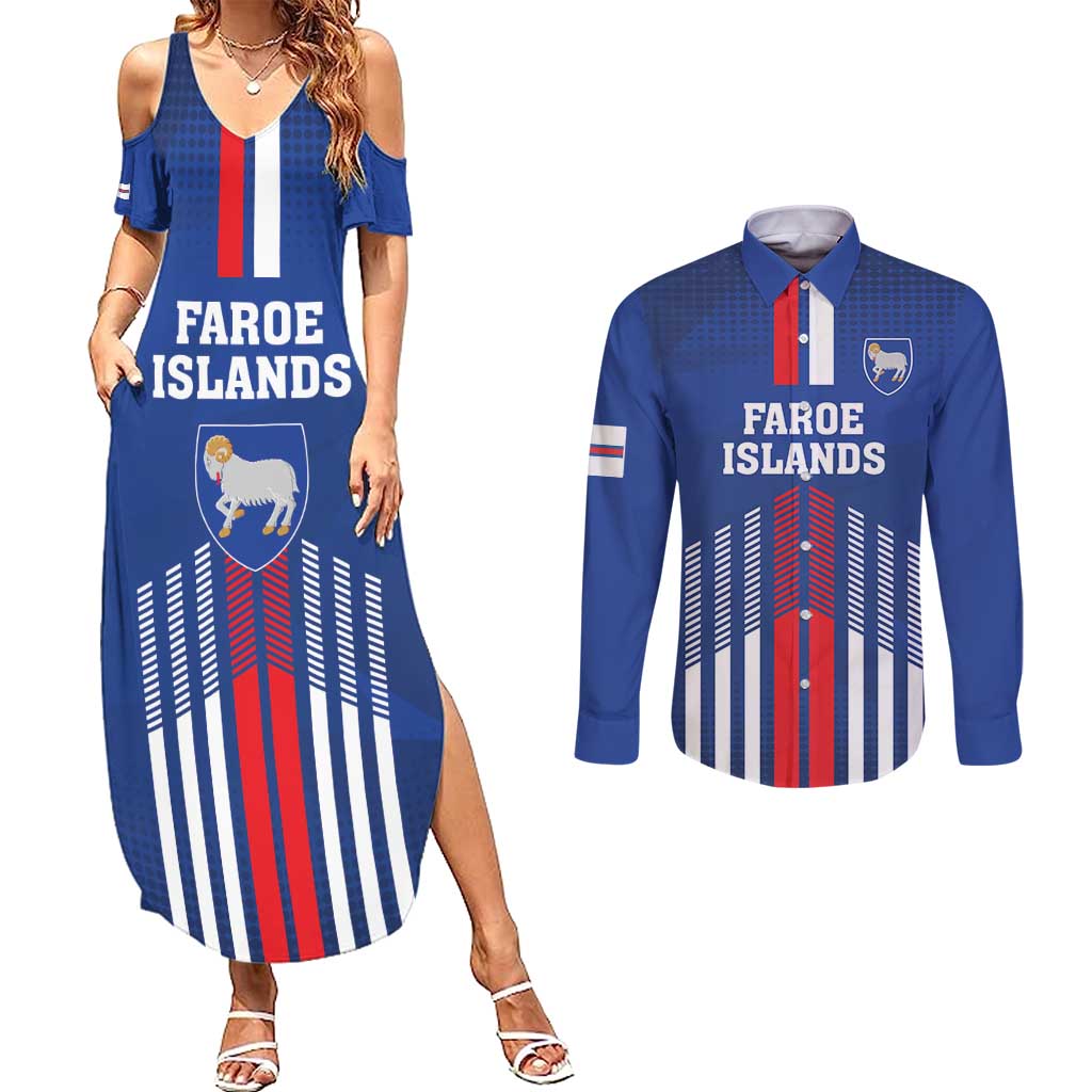 Custom Faroe Islands Football Couples Matching Summer Maxi Dress and Long Sleeve Button Shirt Go Champion Blue Version