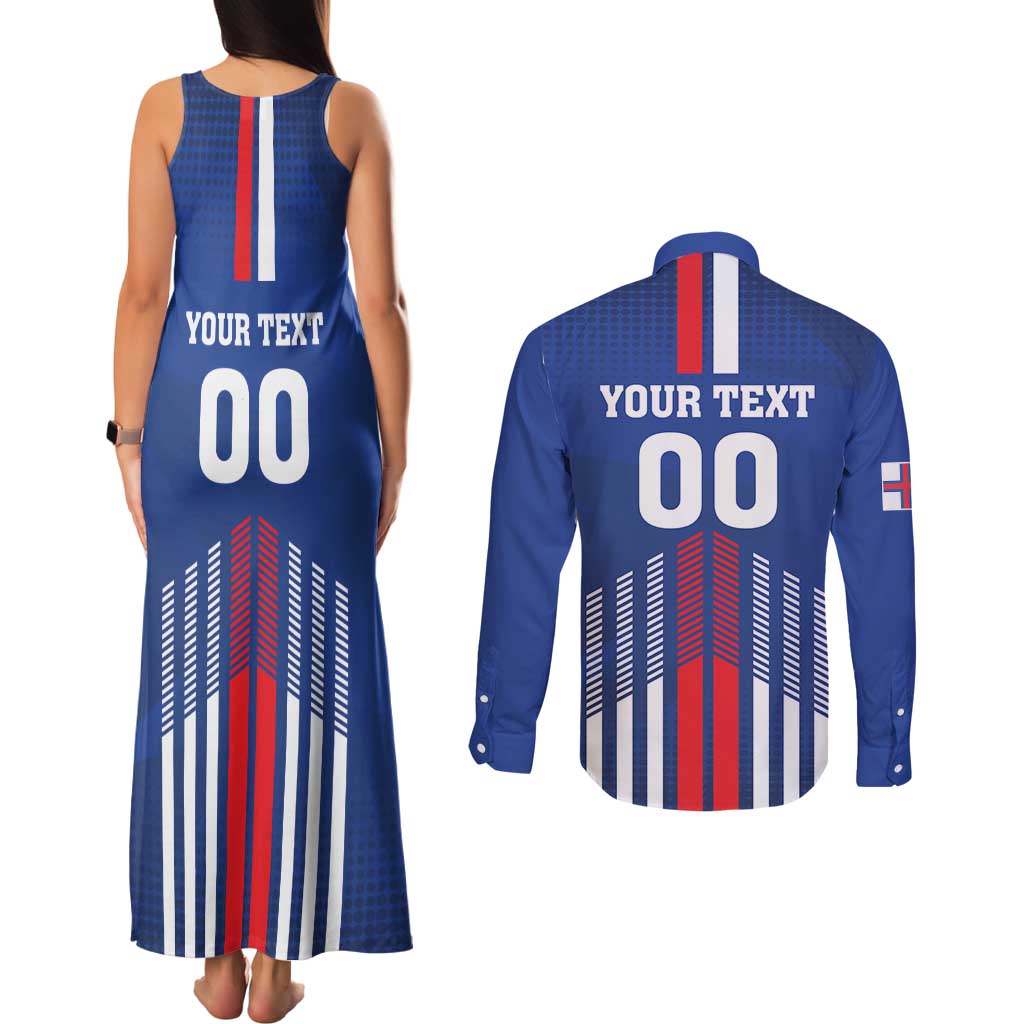 Custom Faroe Islands Football Couples Matching Tank Maxi Dress and Long Sleeve Button Shirt Go Champion Blue Version