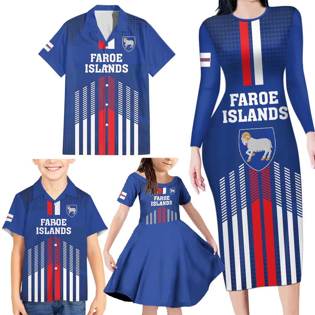 Custom Faroe Islands Football Family Matching Long Sleeve Bodycon Dress and Hawaiian Shirt Go Champion Blue Version
