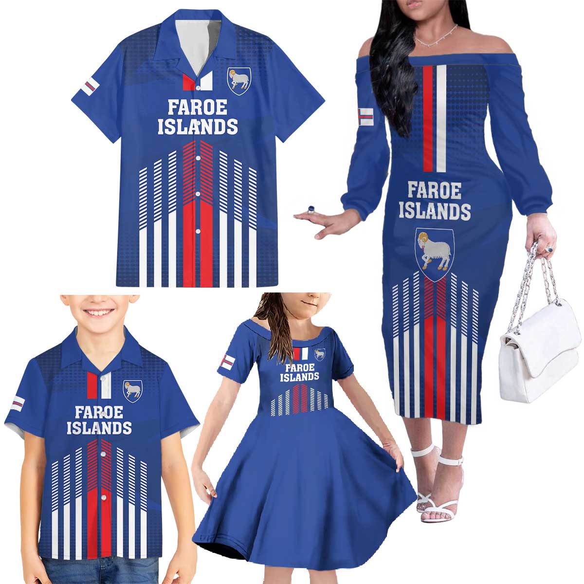 Custom Faroe Islands Football Family Matching Off The Shoulder Long Sleeve Dress and Hawaiian Shirt Go Champion Blue Version