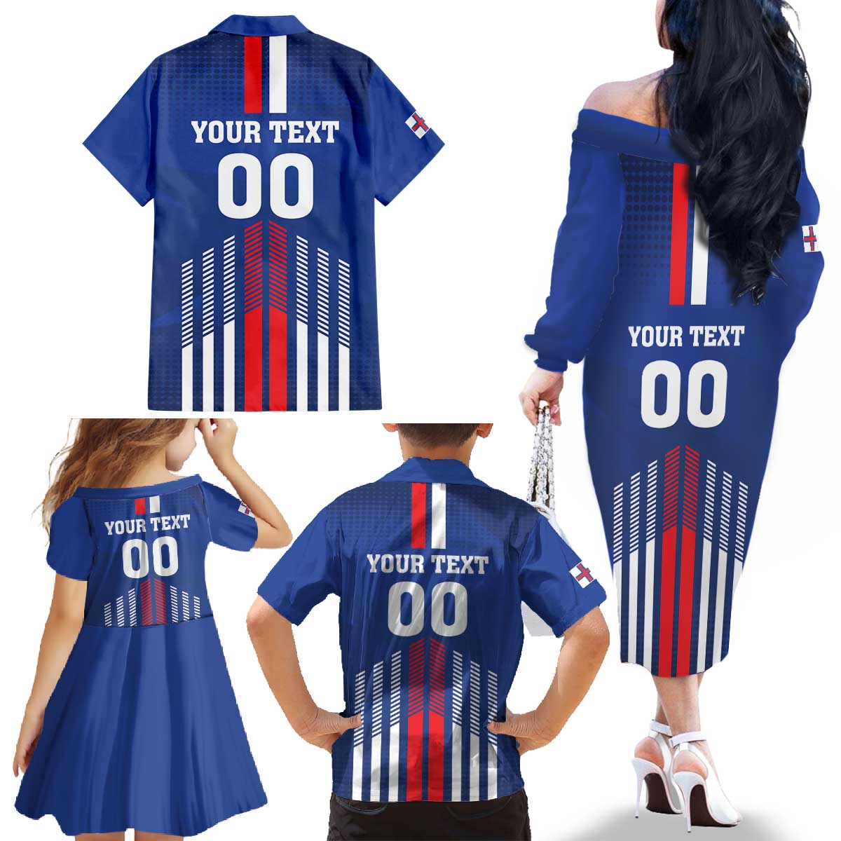Custom Faroe Islands Football Family Matching Off The Shoulder Long Sleeve Dress and Hawaiian Shirt Go Champion Blue Version