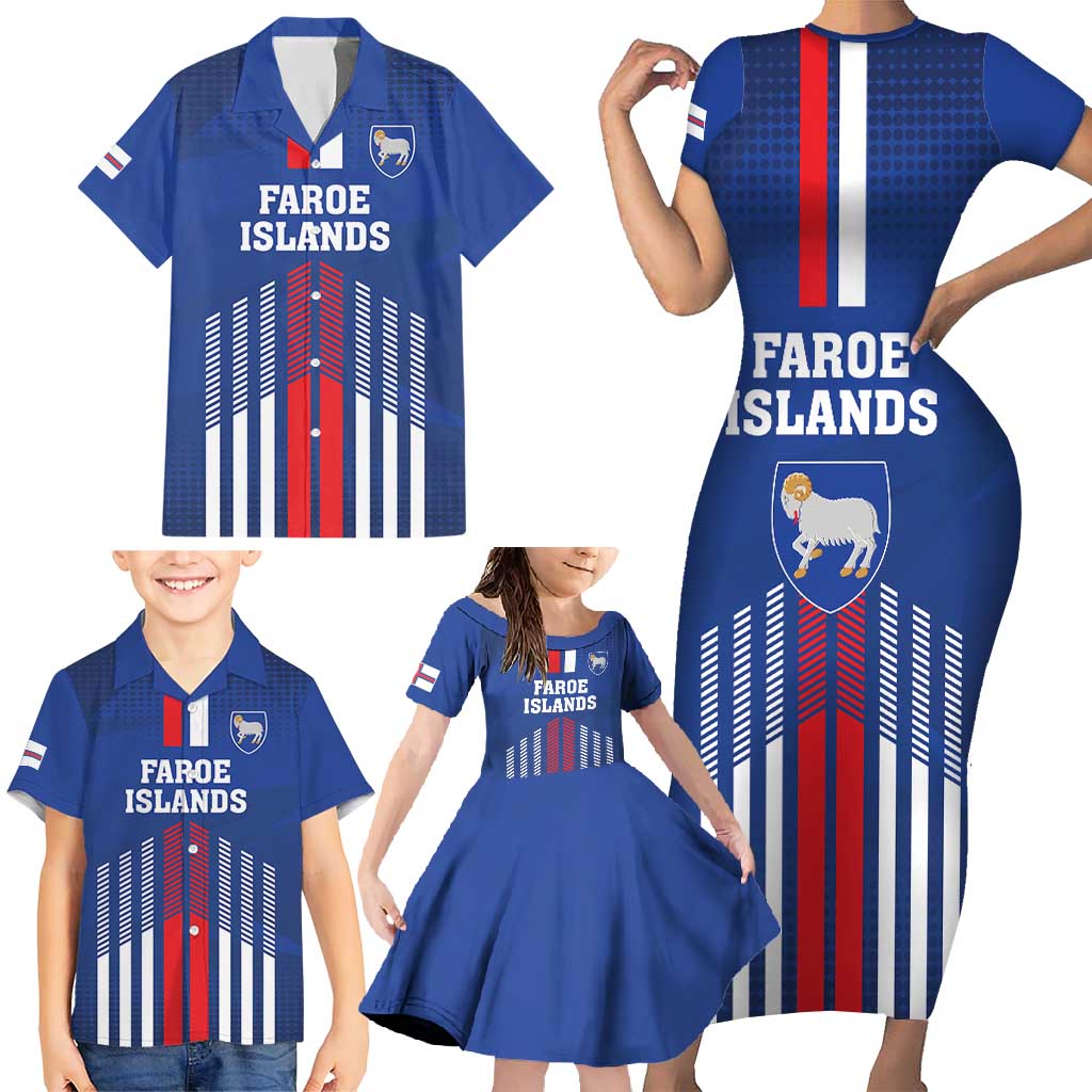 Custom Faroe Islands Football Family Matching Short Sleeve Bodycon Dress and Hawaiian Shirt Go Champion Blue Version