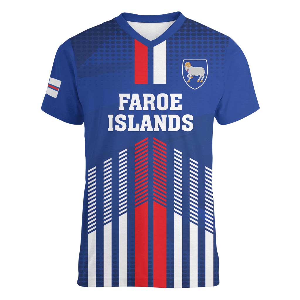 Custom Faroe Islands Football Women V-Neck T-Shirt Go Champion Blue Version