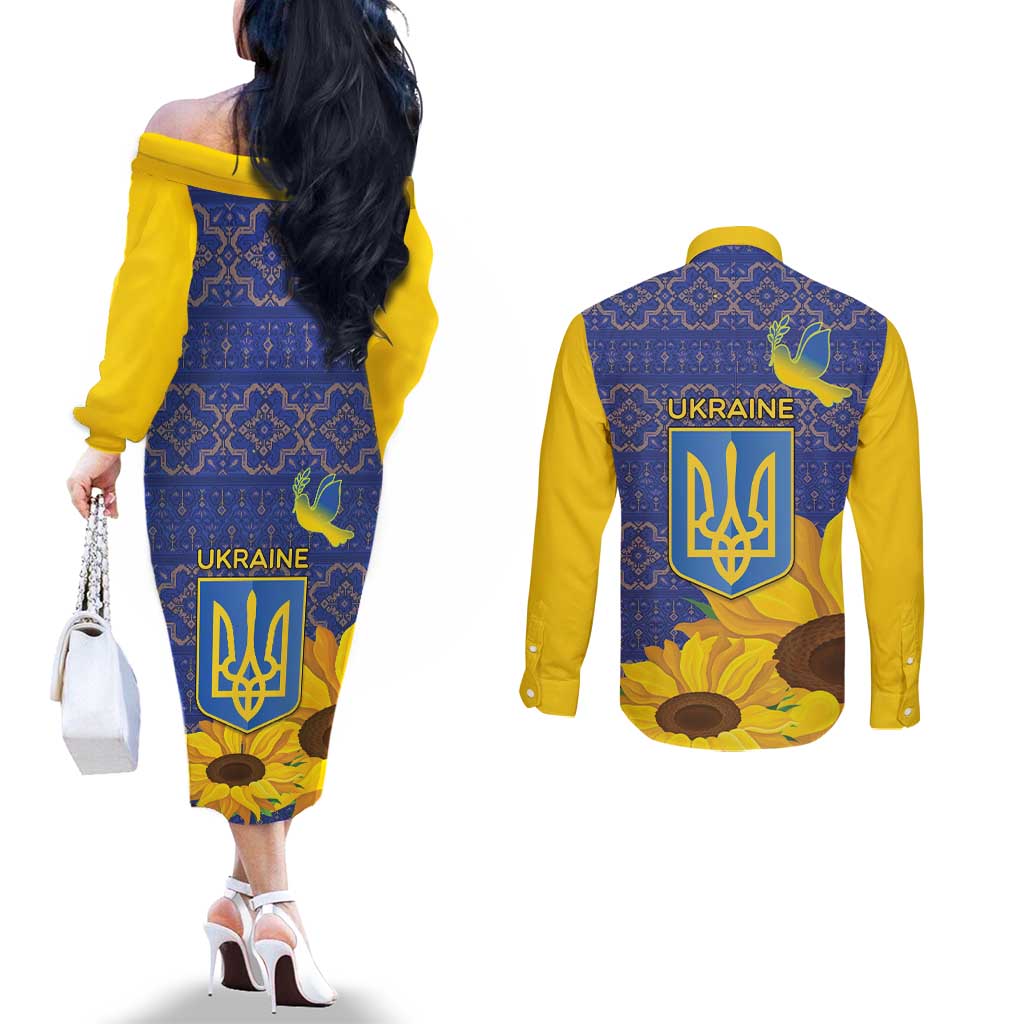 Ukraine Peace Dove Couples Matching Off The Shoulder Long Sleeve Dress and Long Sleeve Button Shirt Ukraine Sunflower With Folk Patterns