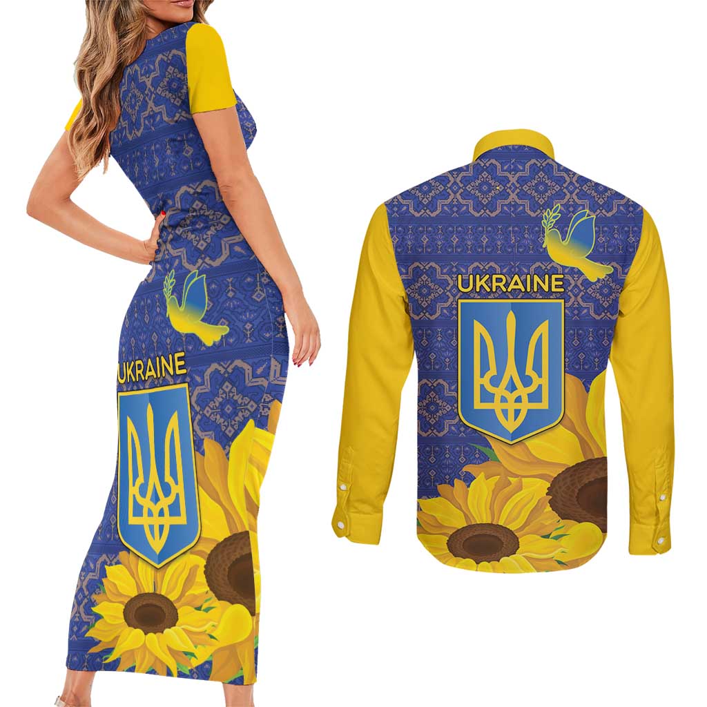 Ukraine Peace Dove Couples Matching Short Sleeve Bodycon Dress and Long Sleeve Button Shirt Ukraine Sunflower With Folk Patterns - Wonder Print Shop
