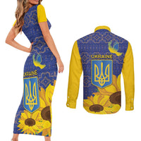 Ukraine Peace Dove Couples Matching Short Sleeve Bodycon Dress and Long Sleeve Button Shirt Ukraine Sunflower With Folk Patterns - Wonder Print Shop