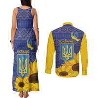 Ukraine Peace Dove Couples Matching Tank Maxi Dress and Long Sleeve Button Shirt Ukraine Sunflower With Folk Patterns - Wonder Print Shop