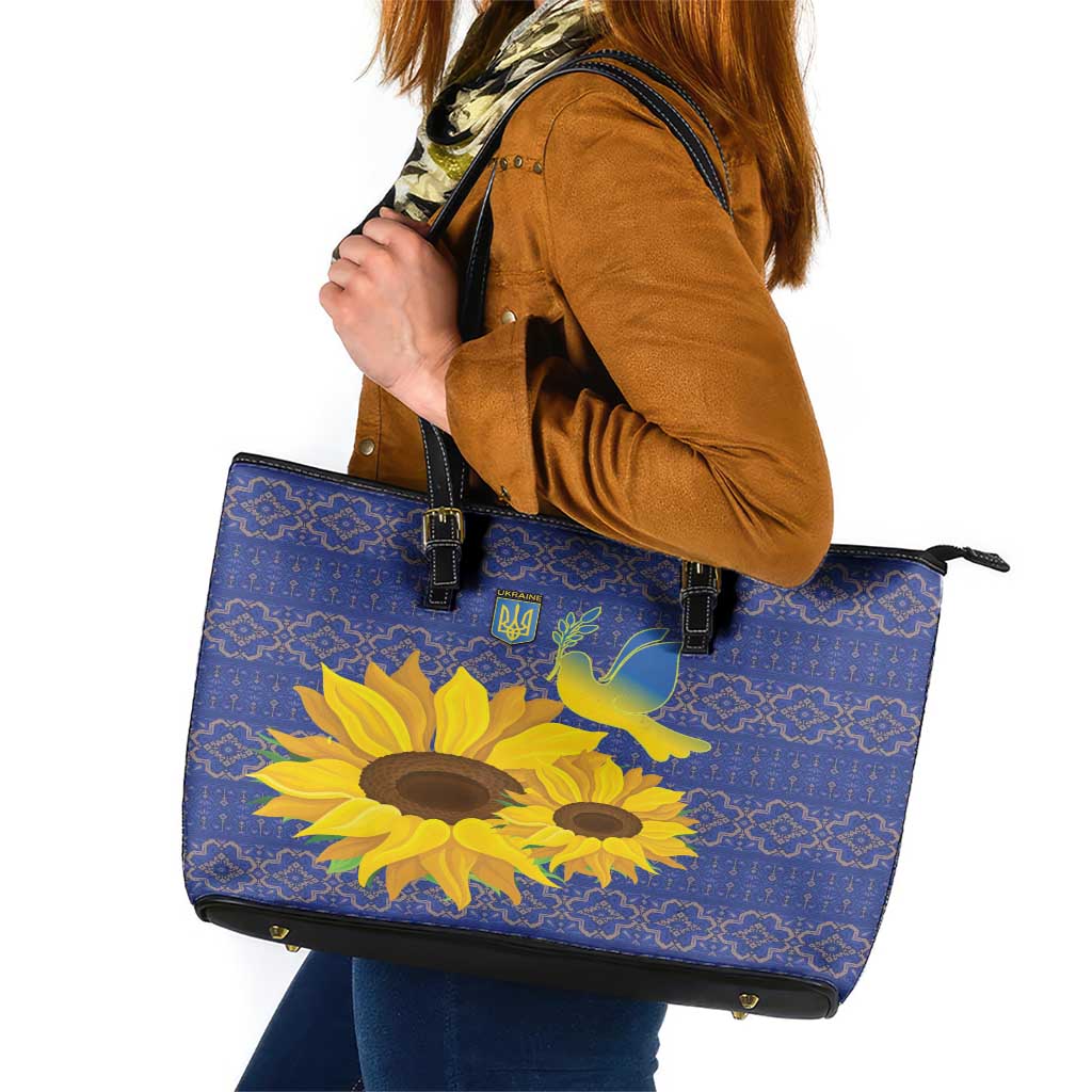 Ukraine Peace Dove Leather Tote Bag Ukraine Sunflower With Folk Patterns - Wonder Print Shop