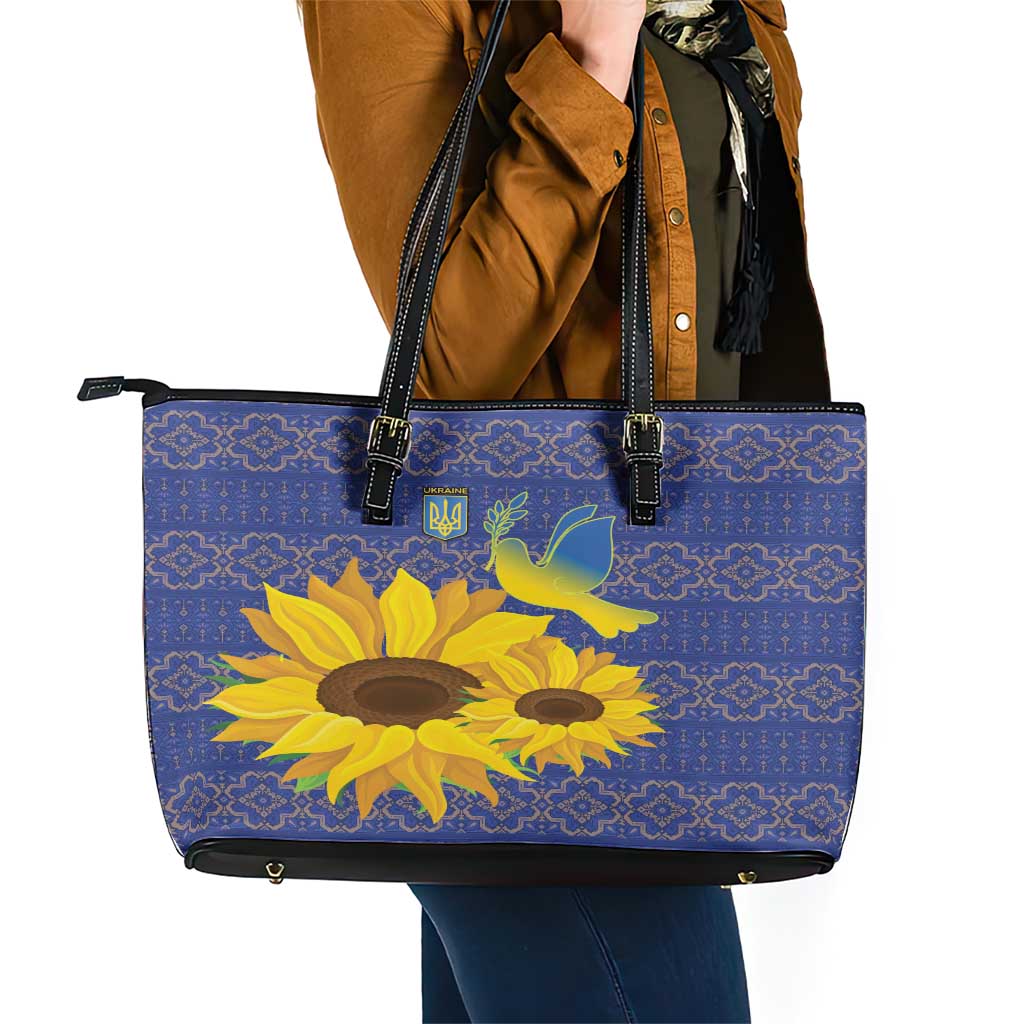 Ukraine Peace Dove Leather Tote Bag Ukraine Sunflower With Folk Patterns - Wonder Print Shop