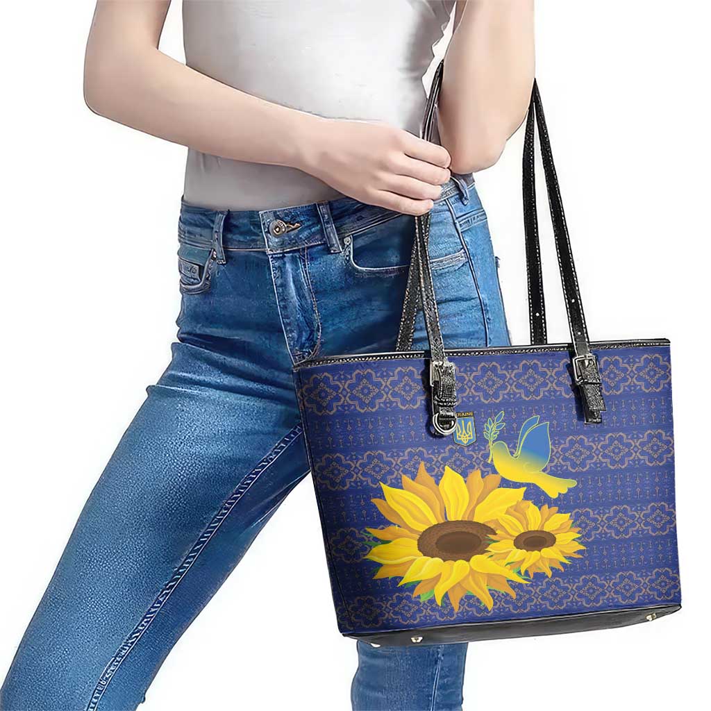 Ukraine Peace Dove Leather Tote Bag Ukraine Sunflower With Folk Patterns - Wonder Print Shop
