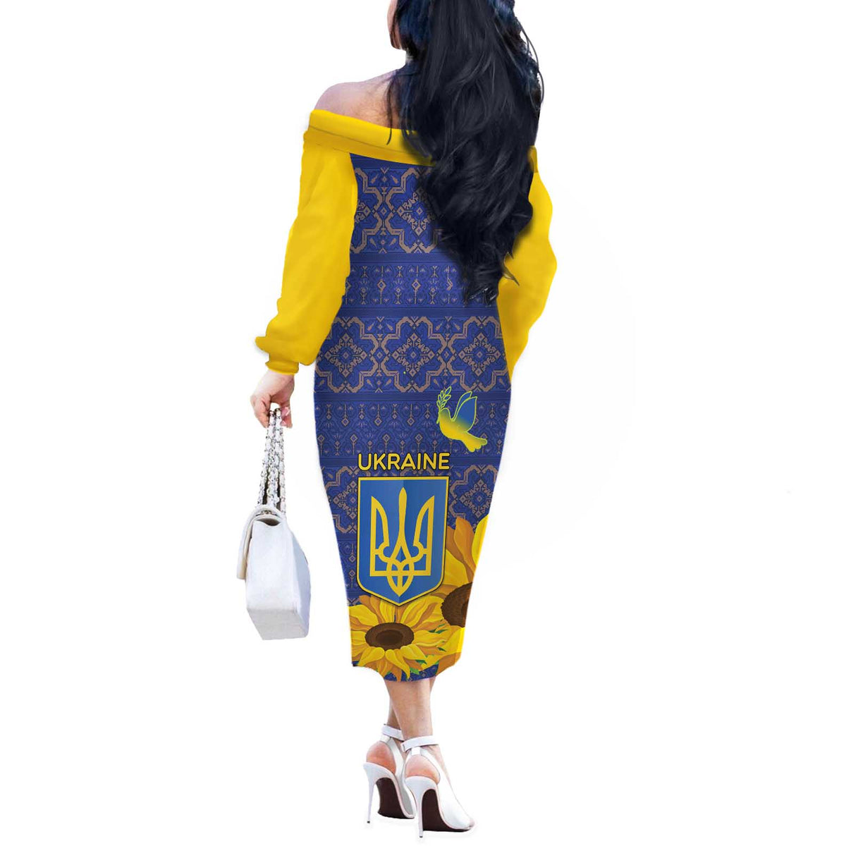 Ukraine Peace Dove Off The Shoulder Long Sleeve Dress Ukraine Sunflower With Folk Patterns - Wonder Print Shop
