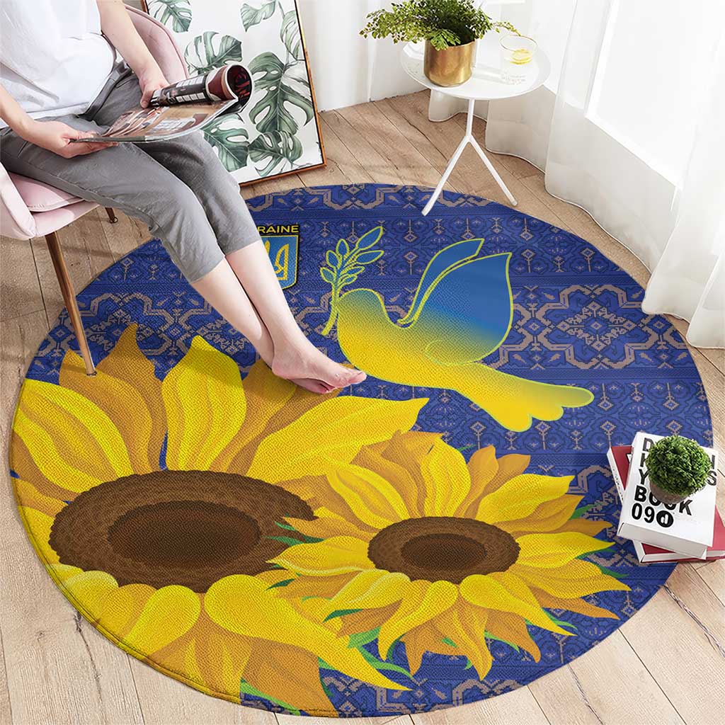 Ukraine Peace Dove Round Carpet Ukraine Sunflower With Folk Patterns