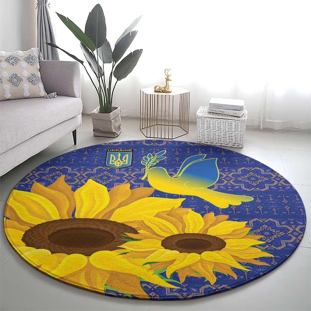 Ukraine Peace Dove Round Carpet Ukraine Sunflower With Folk Patterns