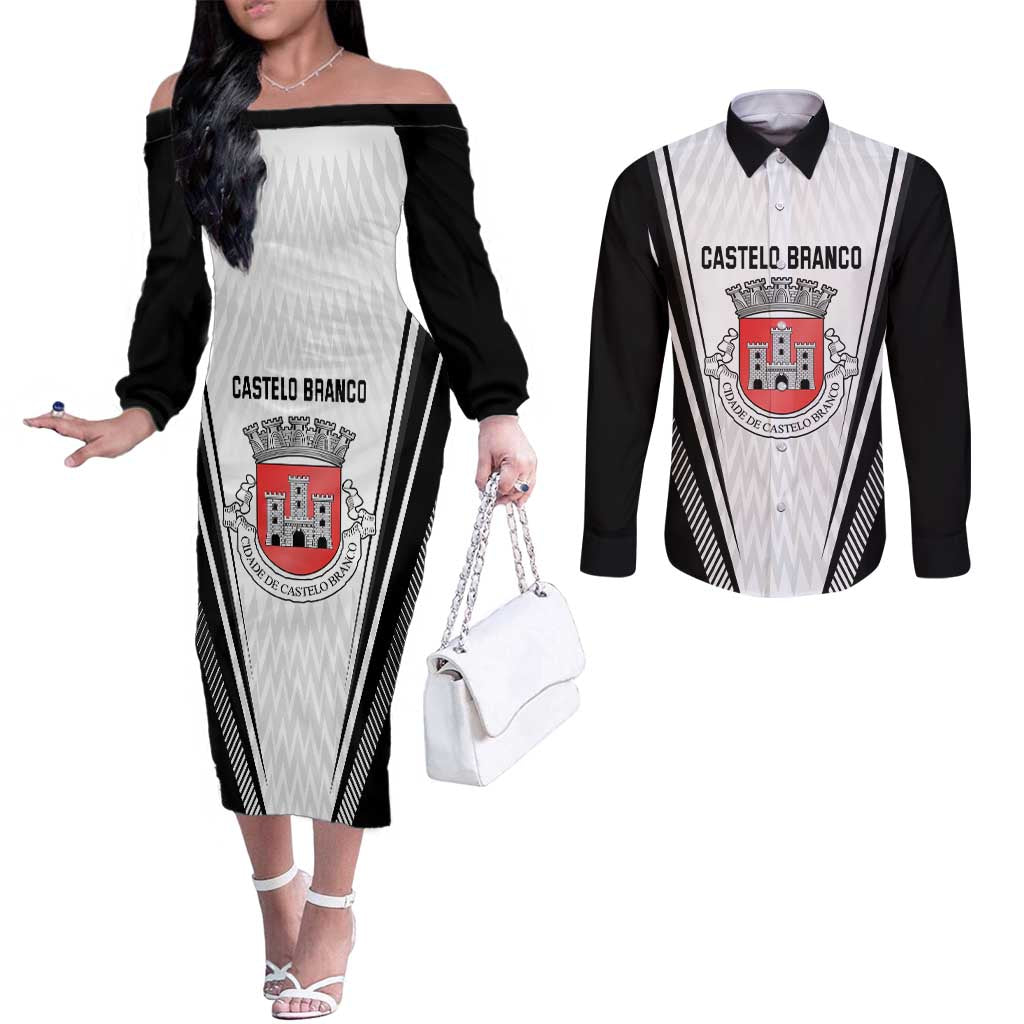 Personalized Castelo Branco Portugal Couples Matching Off The Shoulder Long Sleeve Dress and Long Sleeve Button Shirt Sporty Style - Wonder Print Shop