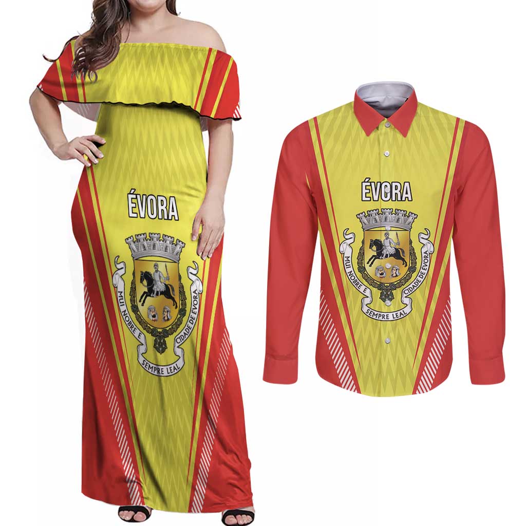 Personalized Evora Portugal Couples Matching Off Shoulder Maxi Dress and Long Sleeve Button Shirt Sporty Style - Wonder Print Shop