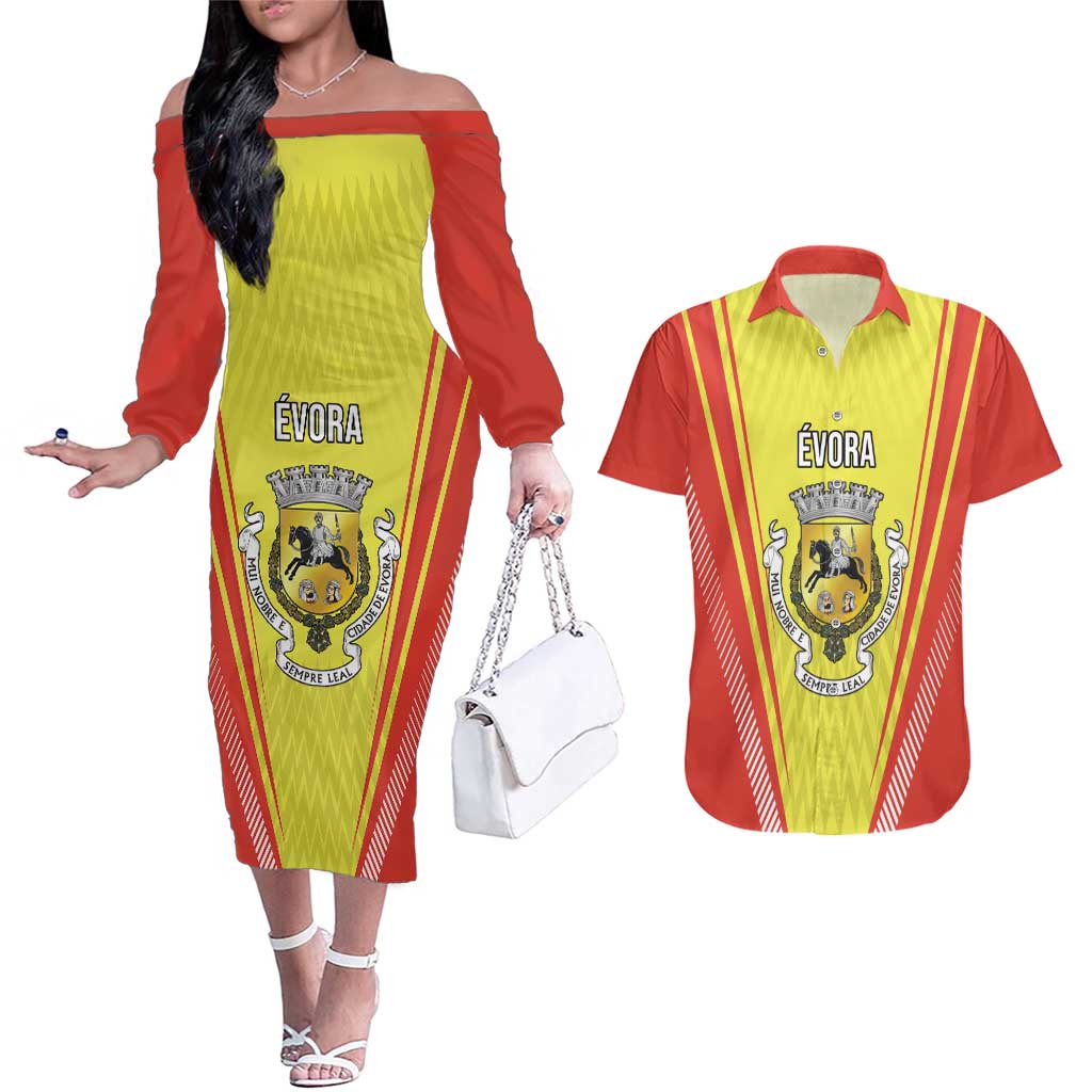 Personalized Evora Portugal Couples Matching Off The Shoulder Long Sleeve Dress and Hawaiian Shirt Sporty Style - Wonder Print Shop