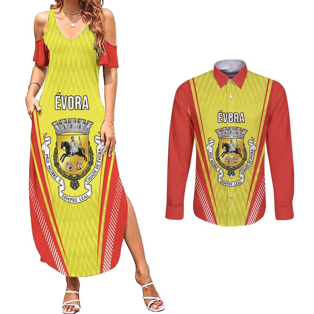 Personalized Evora Portugal Couples Matching Summer Maxi Dress and Long Sleeve Button Shirt Sporty Style - Wonder Print Shop