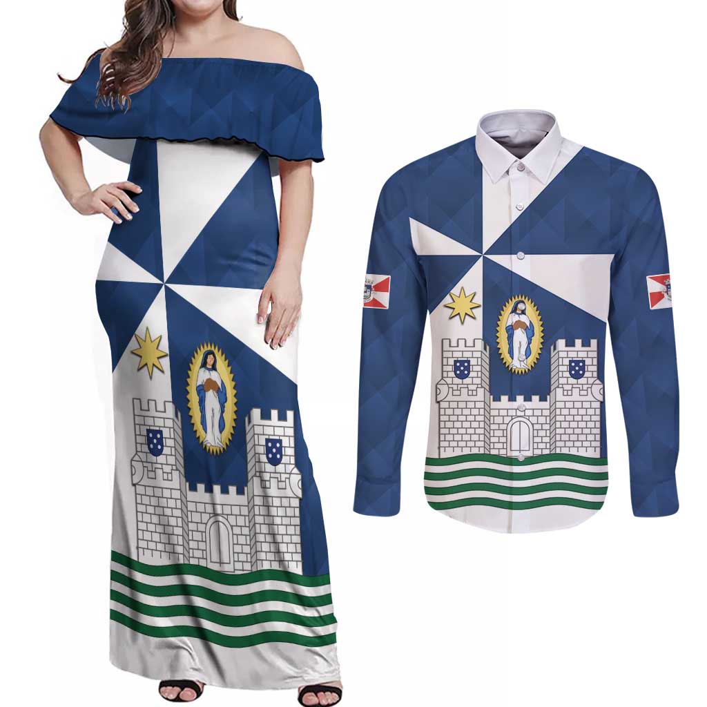Faro Portugal Couples Matching Off Shoulder Maxi Dress and Long Sleeve Button Shirt Sporty Style - Wonder Print Shop