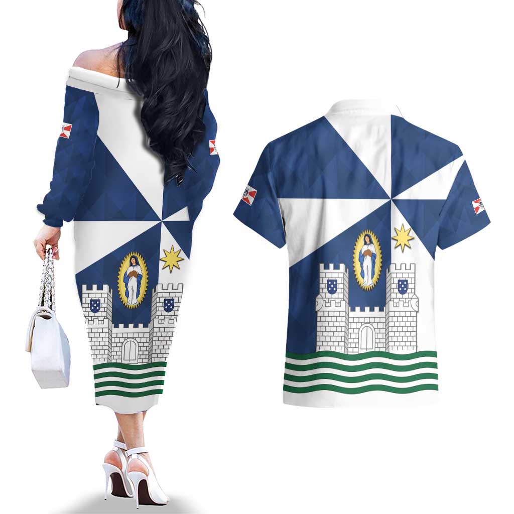 Faro Portugal Couples Matching Off The Shoulder Long Sleeve Dress and Hawaiian Shirt Sporty Style - Wonder Print Shop