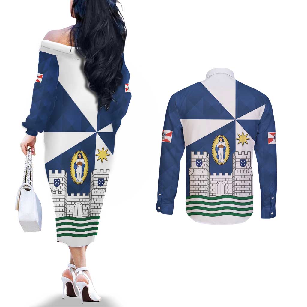 Faro Portugal Couples Matching Off The Shoulder Long Sleeve Dress and Long Sleeve Button Shirt Sporty Style - Wonder Print Shop