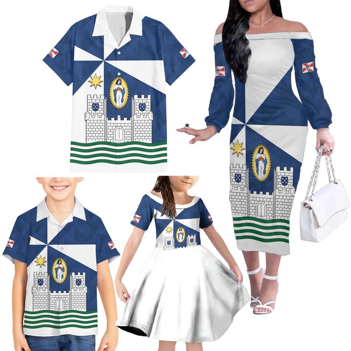 Faro Portugal Family Matching Off The Shoulder Long Sleeve Dress and Hawaiian Shirt Sporty Style - Wonder Print Shop