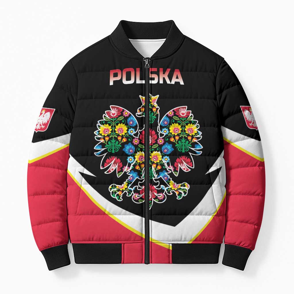 Personalized Poland Wycinanki Eagle Bomber Puffer Jacket Polish Traditional Floral Folk Pattern - Wonder Print Shop