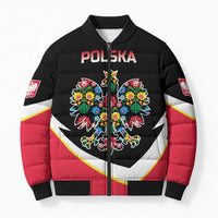 Personalized Poland Wycinanki Eagle Bomber Puffer Jacket Polish Traditional Floral Folk Pattern - Wonder Print Shop
