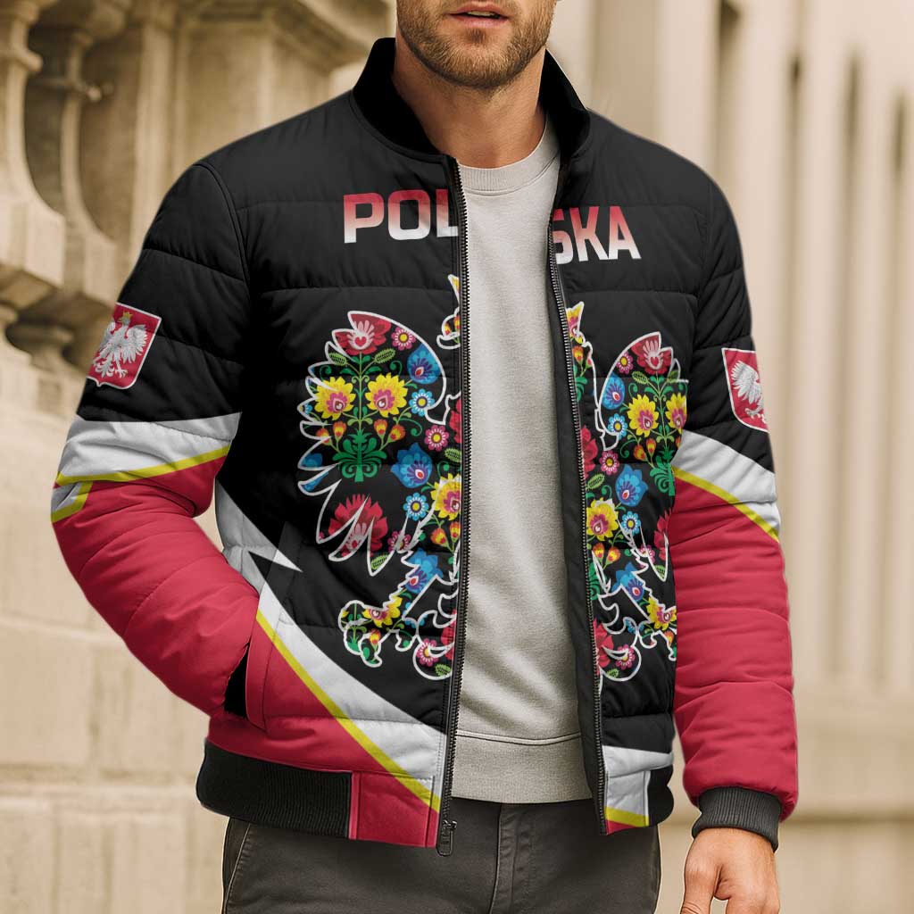 Personalized Poland Wycinanki Eagle Bomber Puffer Jacket Polish Traditional Floral Folk Pattern - Wonder Print Shop
