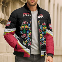 Personalized Poland Wycinanki Eagle Bomber Puffer Jacket Polish Traditional Floral Folk Pattern - Wonder Print Shop