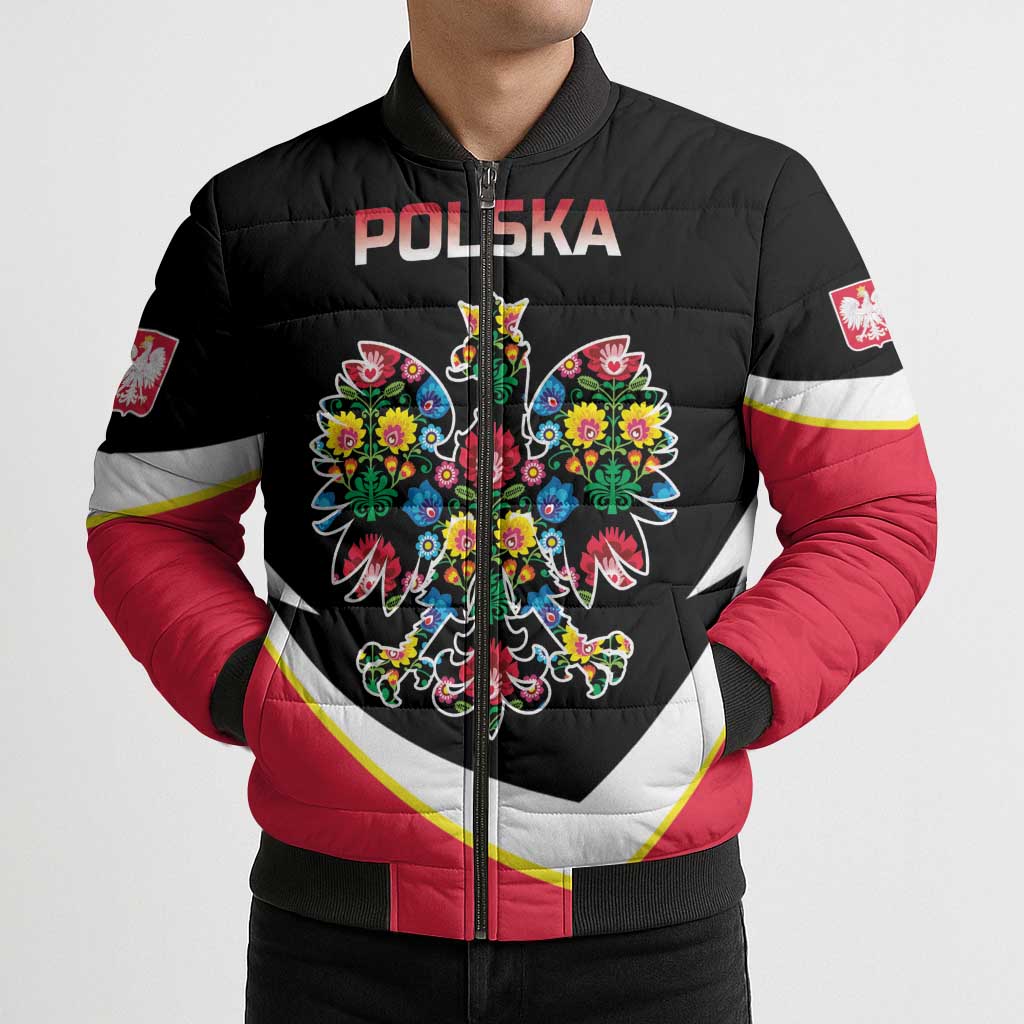 Personalized Poland Wycinanki Eagle Bomber Puffer Jacket Polish Traditional Floral Folk Pattern - Wonder Print Shop