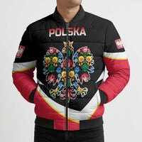 Personalized Poland Wycinanki Eagle Bomber Puffer Jacket Polish Traditional Floral Folk Pattern - Wonder Print Shop