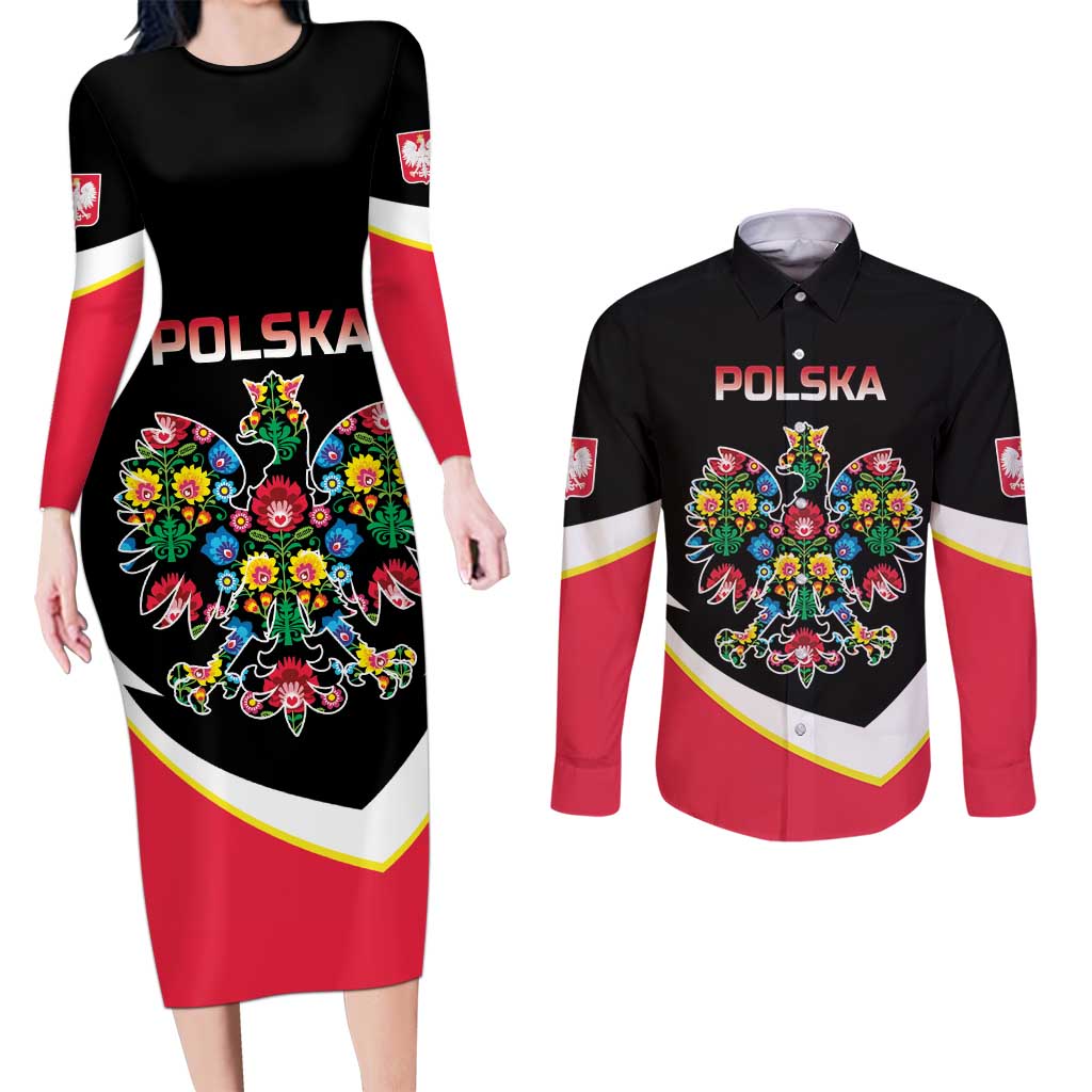 Personalized Poland Wycinanki Eagle Couples Matching Long Sleeve Bodycon Dress and Long Sleeve Button Shirt Polish Traditional Floral Folk Pattern - Wonder Print Shop