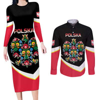 Personalized Poland Wycinanki Eagle Couples Matching Long Sleeve Bodycon Dress and Long Sleeve Button Shirt Polish Traditional Floral Folk Pattern - Wonder Print Shop