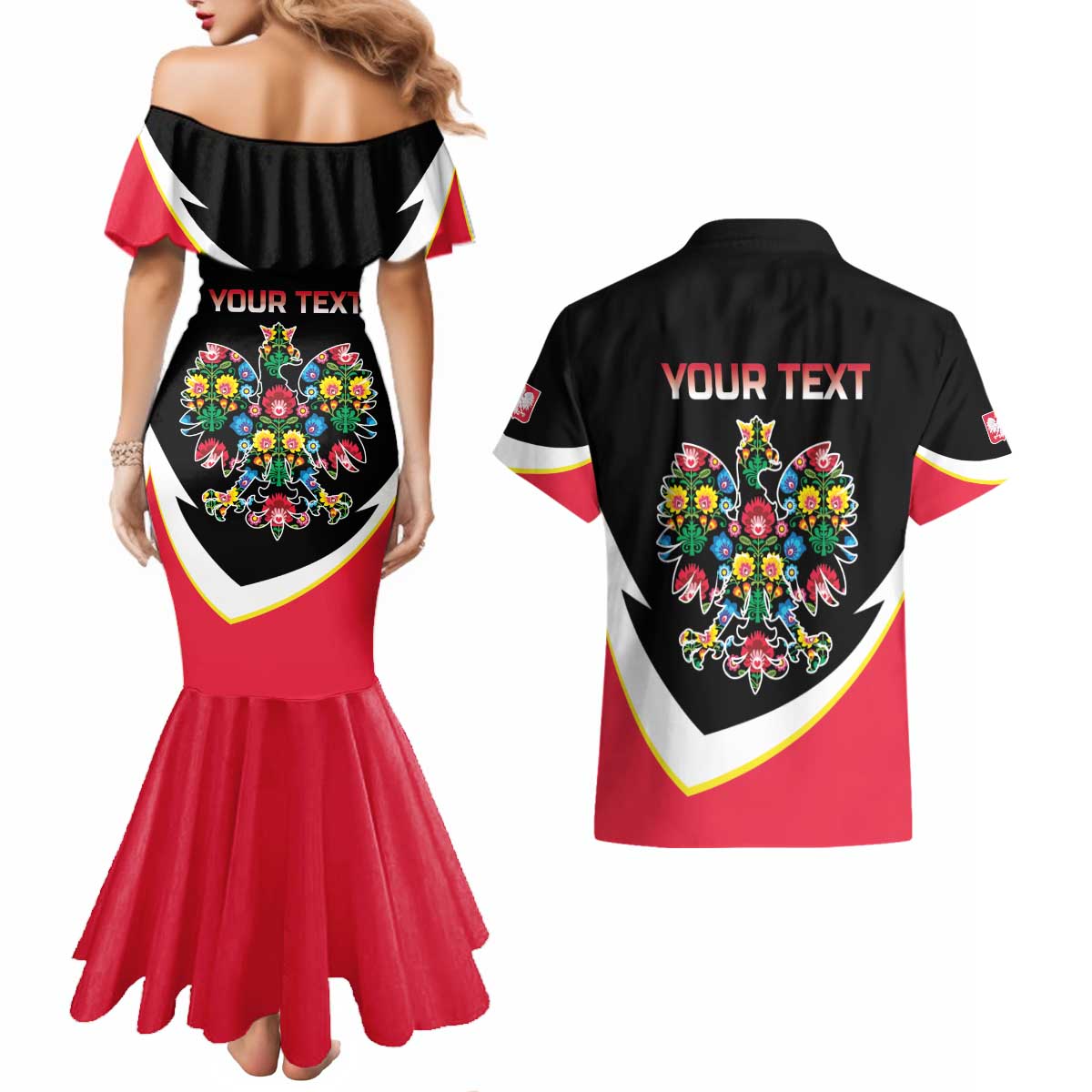Personalized Poland Wycinanki Eagle Couples Matching Mermaid Dress and Hawaiian Shirt Polish Traditional Floral Folk Pattern - Wonder Print Shop
