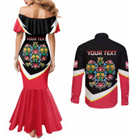 Personalized Poland Wycinanki Eagle Couples Matching Mermaid Dress and Long Sleeve Button Shirt Polish Traditional Floral Folk Pattern - Wonder Print Shop