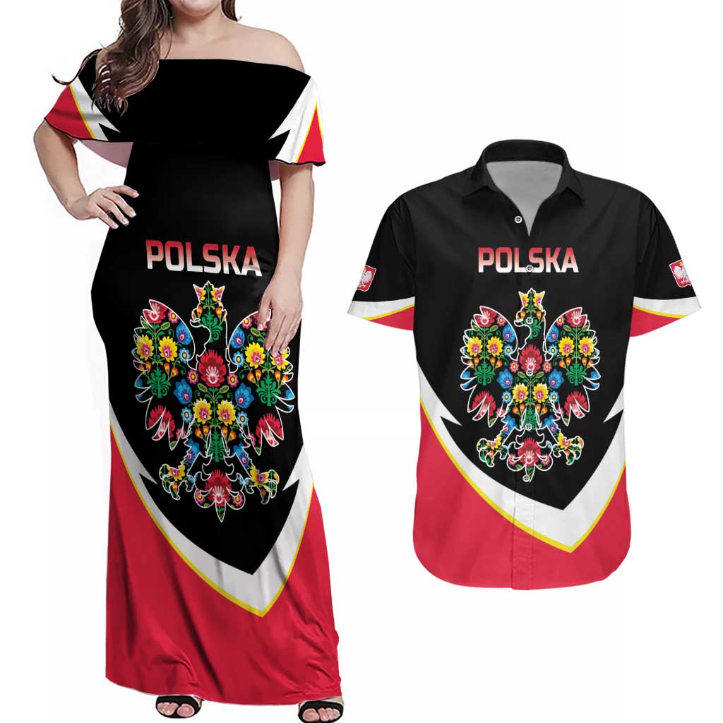 Personalized Poland Wycinanki Eagle Couples Matching Off Shoulder Maxi Dress and Hawaiian Shirt Polish Traditional Floral Folk Pattern - Wonder Print Shop