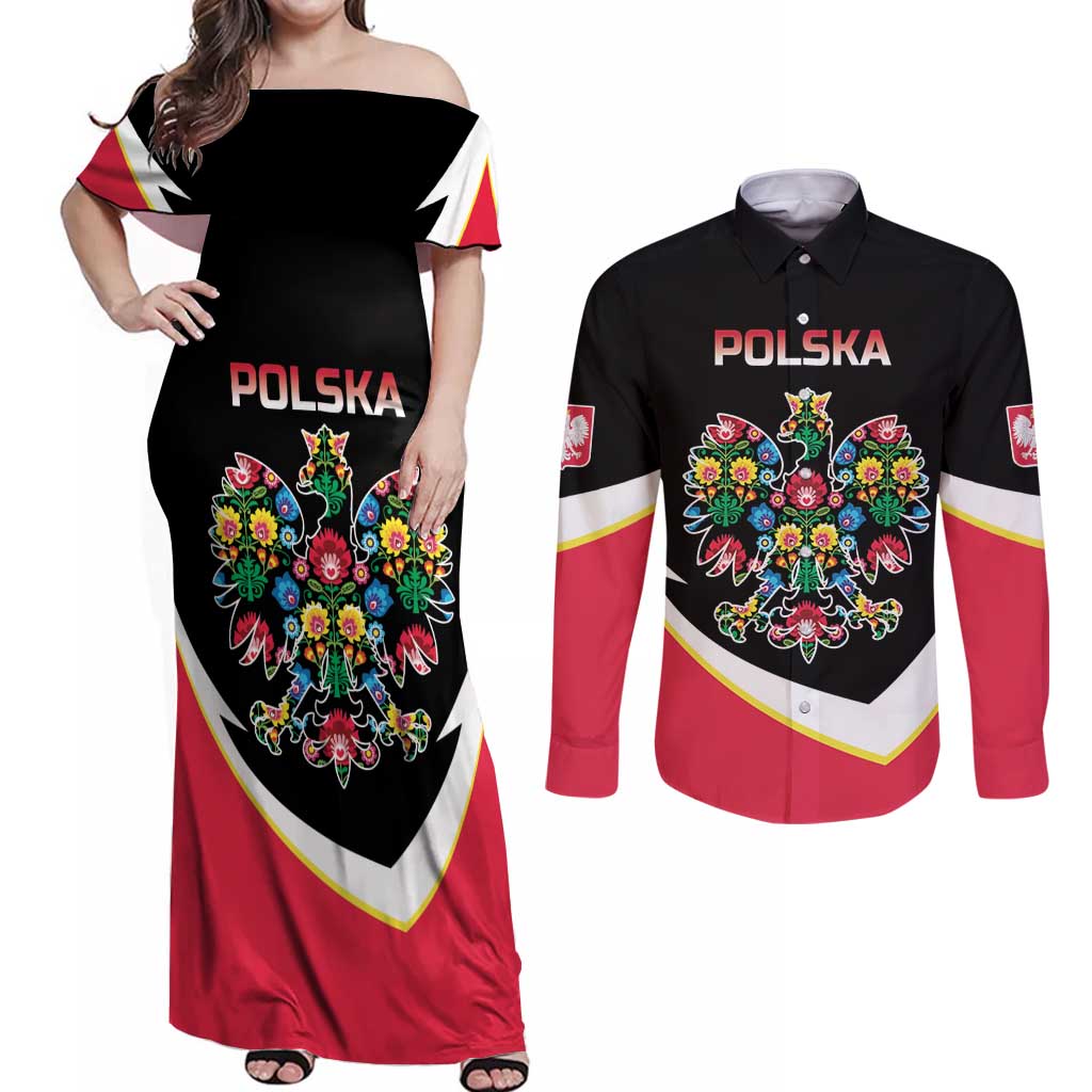 Personalized Poland Wycinanki Eagle Couples Matching Off Shoulder Maxi Dress and Long Sleeve Button Shirt Polish Traditional Floral Folk Pattern - Wonder Print Shop