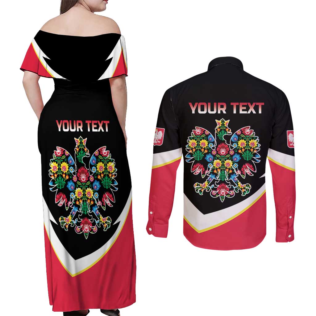 Personalized Poland Wycinanki Eagle Couples Matching Off Shoulder Maxi Dress and Long Sleeve Button Shirt Polish Traditional Floral Folk Pattern - Wonder Print Shop