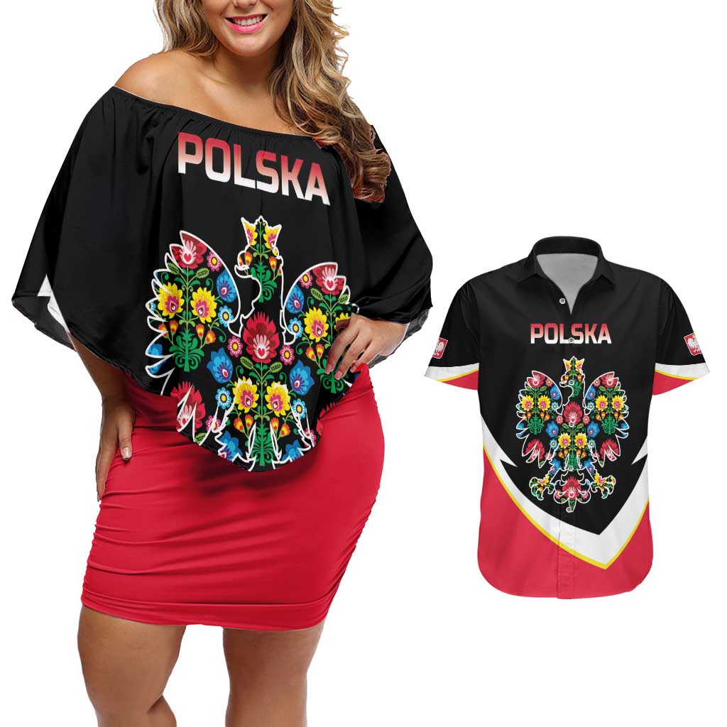 Personalized Poland Wycinanki Eagle Couples Matching Off Shoulder Short Dress and Hawaiian Shirt Polish Traditional Floral Folk Pattern - Wonder Print Shop